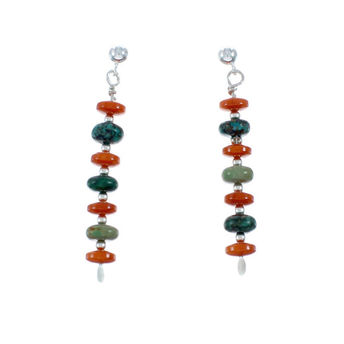 Turquoise And Coral Authentic Sterling Silver Navajo Bead Post Dangle Earrings SX10357