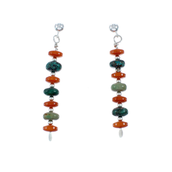 Turquoise And Coral Authentic Sterling Silver Navajo Bead Post Dangle Earrings SX10357