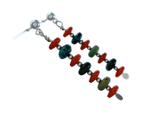 Turquoise And Coral Authentic Sterling Silver Navajo Bead Post Dangle Earrings SX10357