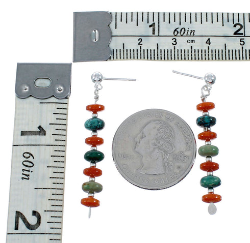 Turquoise And Coral Authentic Sterling Silver Navajo Bead Post Dangle Earrings SX10357