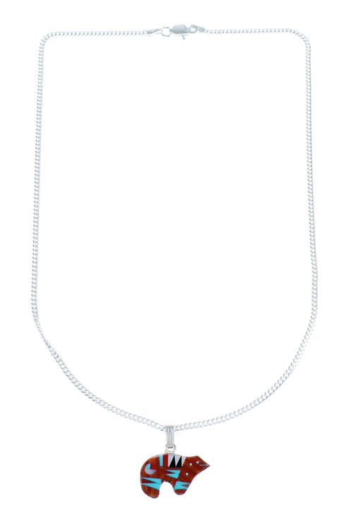 Multicolor Inlay Bear Pendant Sterling Silver Link Chain Necklace SX10208