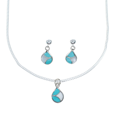 Zuni Turquoise And Mother Of Pearl Sterling Silver Pendant Italian Link Chain Necklace Set SX10210