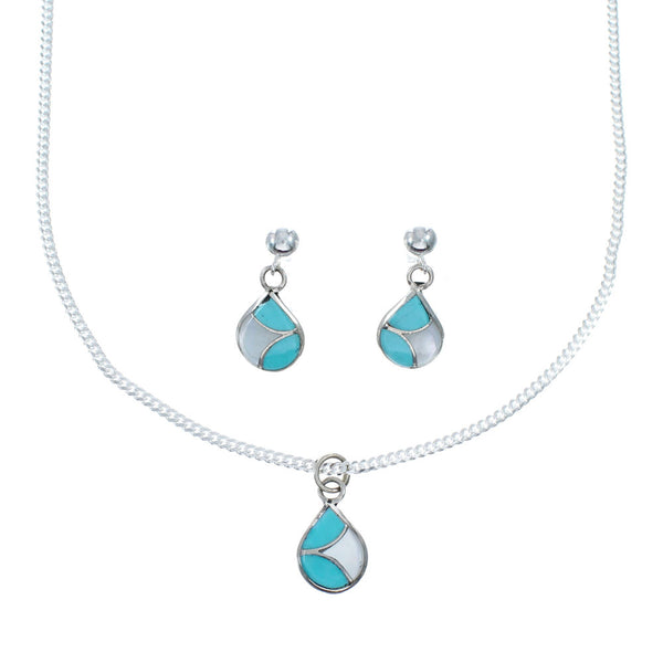 Zuni Turquoise And Mother Of Pearl Sterling Silver Pendant Italian Link Chain Necklace Set SX10210