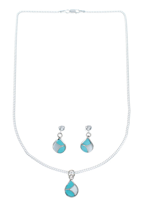 Zuni Turquoise And Mother Of Pearl Sterling Silver Pendant Italian Link Chain Necklace Set SX10210