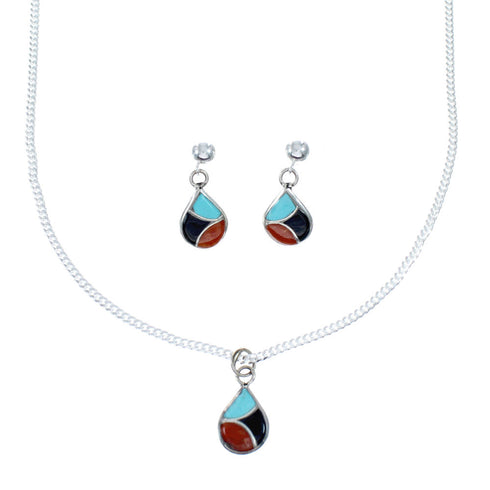 Zuni Multicolor Sterling Silver Pendant Italian Link Chain Necklace Set SX10211