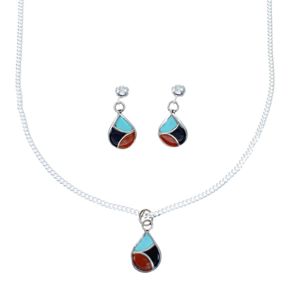 Zuni Multicolor Sterling Silver Pendant Italian Link Chain Necklace Set SX10211