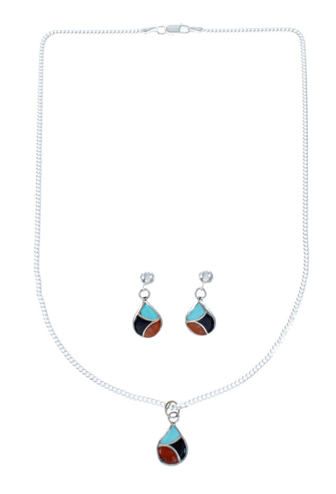 Zuni Multicolor Sterling Silver Pendant Italian Link Chain Necklace Set SX10211