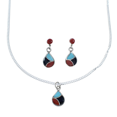 Zuni Multicolor Sterling Silver Pendant Italian Link Chain Necklace Set SX10212