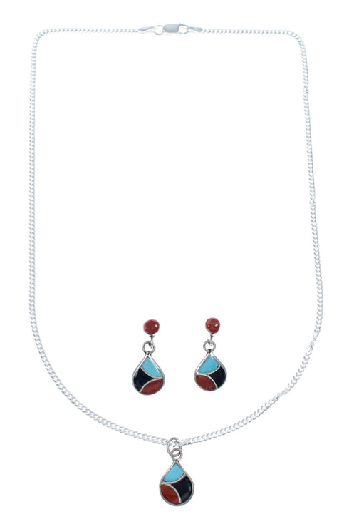 Zuni Multicolor Sterling Silver Pendant Italian Link Chain Necklace Set SX10212