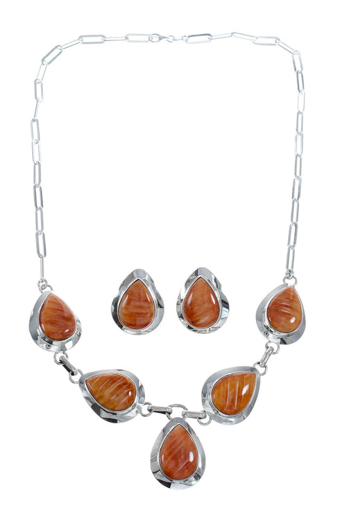 Sterling Silver Orange Oyster Shell Navajo Indian Tear Drop Link Necklace Set SX10213