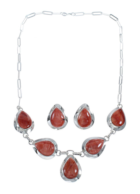 Sterling Silver Red Oyster Shell Navajo Indian Tear Drop Link Necklace Set SX10214