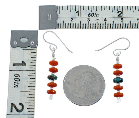 Turquoise And Coral Authentic Sterling Silver Navajo Bead Hook Dangle Earrings SX10219