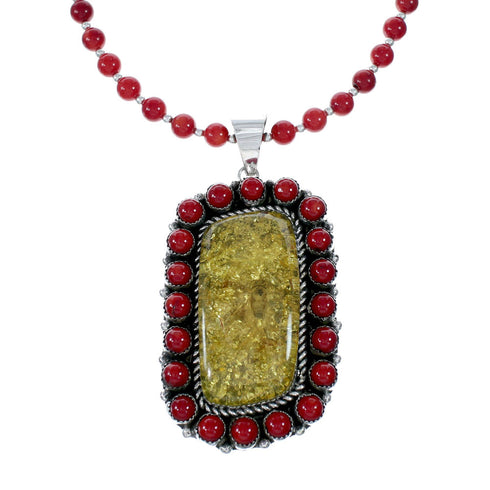 Native American Coral and Amber Bead Sterling Silver Necklace Pendant Set SX10252