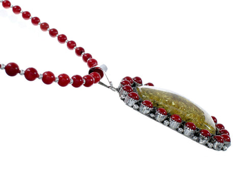 Native American Coral and Amber Bead Sterling Silver Necklace Pendant Set SX10252