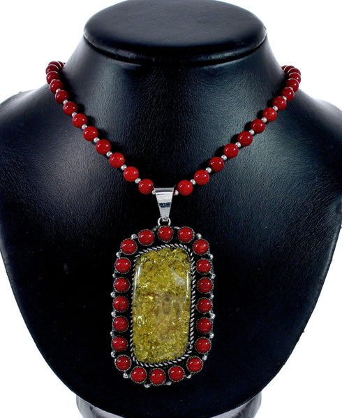 Native American Coral and Amber Bead Sterling Silver Necklace Pendant Set SX10252
