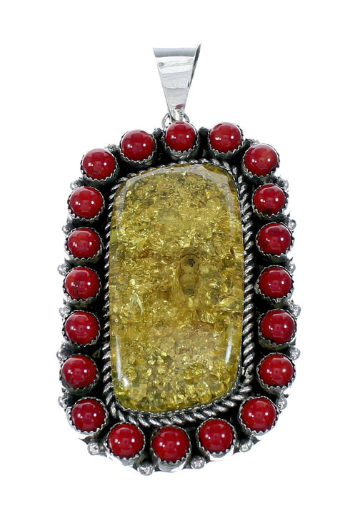 Native American Coral and Amber Bead Sterling Silver Necklace Pendant Set SX10252
