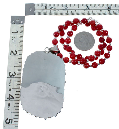 Native American Coral and Amber Bead Sterling Silver Necklace Pendant Set SX10252