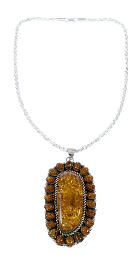 Native American Amber Bead And Sterling Silver Italian Rope Necklace SX10253