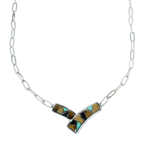Sterling Silver Multicolor Navajo Pendant And Italian Link Chain Necklace SX10256