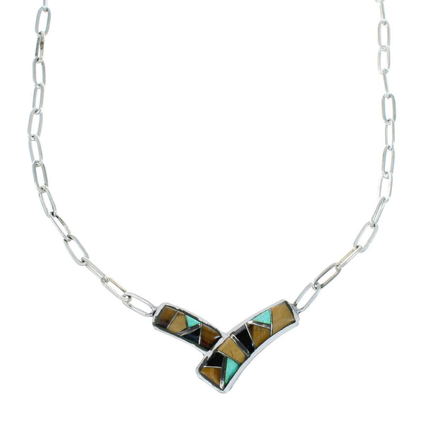Sterling Silver Multicolor Navajo Pendant And Italian Link Chain Necklace SX10256
