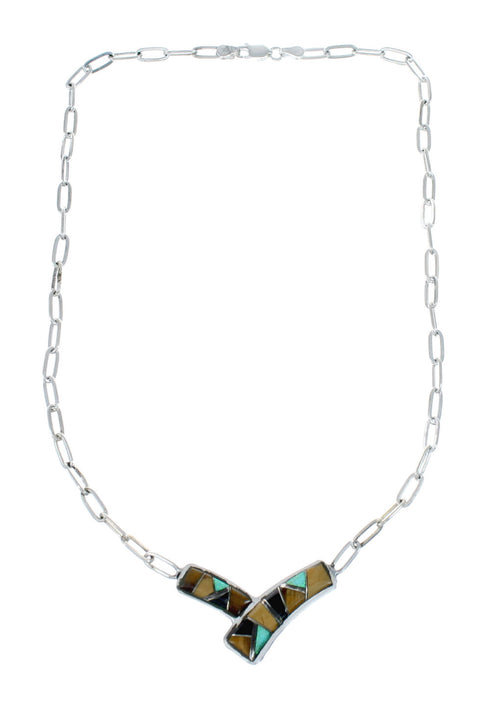 Sterling Silver Multicolor Navajo Pendant And Italian Link Chain Necklace SX10256