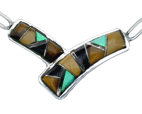 Sterling Silver Multicolor Navajo Pendant And Italian Link Chain Necklace SX10256