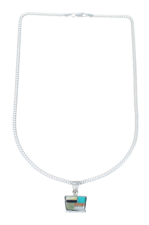 Sterling Silver Multicolor Navajo Pendant And 16" Italian Link Chain Necklace SX10255