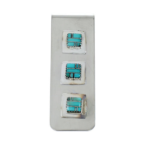 Sterling Silver And Triple Cube Turquoise Inlay Navajo Money Clip SX10250