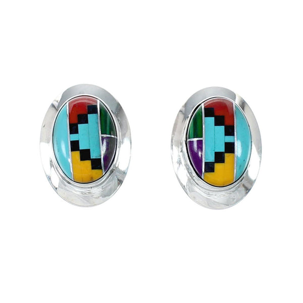 Multicolor Native American Inlay Sterling Silver Post Earrings SX10241