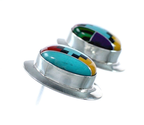 Multicolor Native American Inlay Sterling Silver Post Earrings SX10241