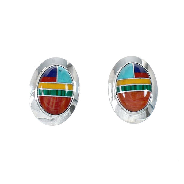 Multicolor Native American Inlay Sterling Silver Post Earrings SX10242