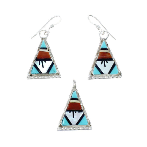 Zuni Native American Multicolor Inlay Pendant Earrings Jewelry Set SX10251