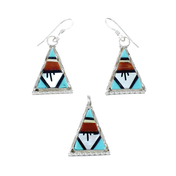 Zuni Native American Multicolor Inlay Pendant Earrings Jewelry Set SX10251