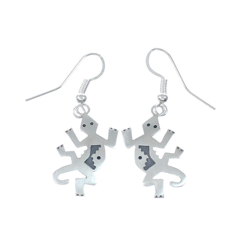 Navajo Sterling Silver Lizard Hook Dangle Overlay Earrings Jewelry SX10328
