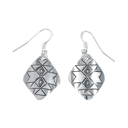 Traditional Patterned Diamond Shaped Navajo Sterling Silver Hook Dangle Earrings SX10231