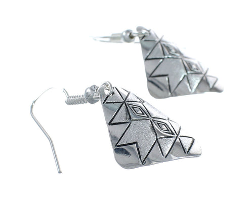 Traditional Patterned Diamond Shaped Navajo Sterling Silver Hook Dangle Earrings SX10231
