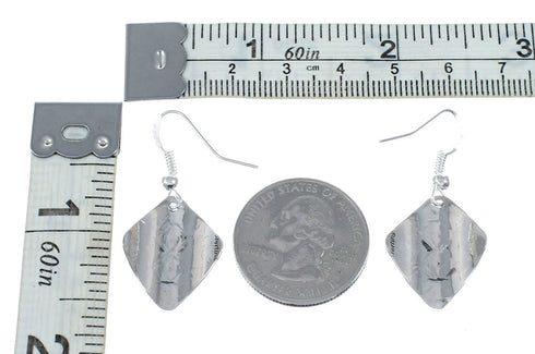 Traditional Patterned Diamond Shaped Navajo Sterling Silver Hook Dangle Earrings SX10231