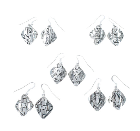 Traditional Patterned Diamond Shaped Navajo Sterling Silver Hook Dangle Earrings SX10231