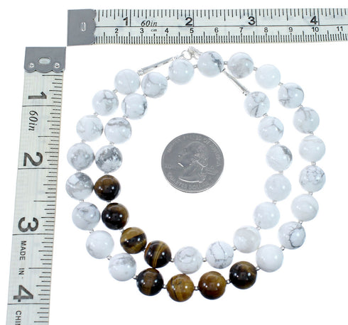 Genuine Sterling Silver Howlite And Tiger Eye Shell Navajo Bead Necklace SX10267