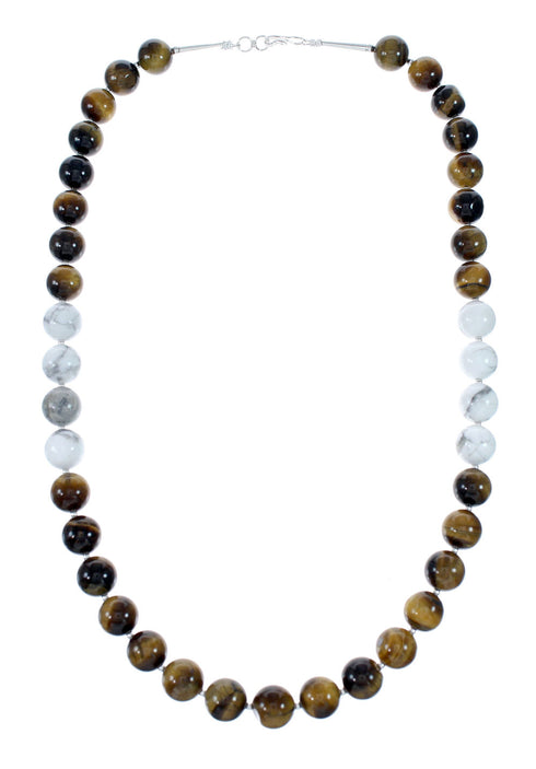 Genuine Navajo Sterling Silver Howlite And Tiger Eye Bead Necklace SX10268