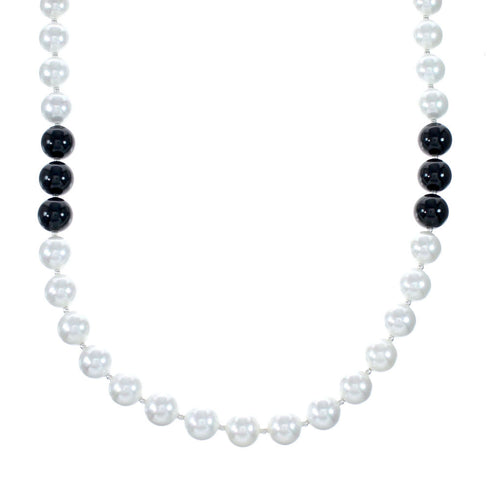 Native American Mother of Pearl Onyx Bead Sterling Silver Necklace SX10269
