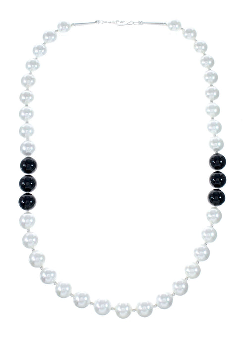 Native American Mother of Pearl Onyx Bead Sterling Silver Necklace SX10269