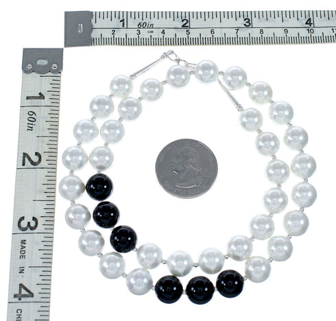 Native American Mother of Pearl Onyx Bead Sterling Silver Necklace SX10269