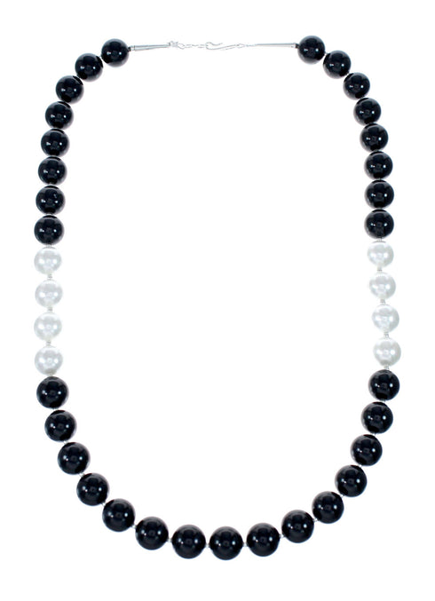 Navajo Native American Onyx Mother of Pearl Bead Sterling Silver Necklace SX10276