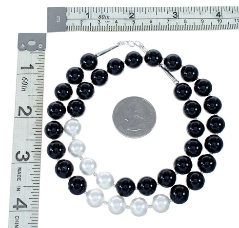 Navajo Native American Onyx Mother of Pearl Bead Sterling Silver Necklace SX10276