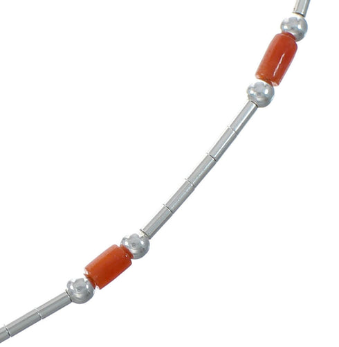 Native American Coral Hand Strung Liquid Silver Necklace SX10280