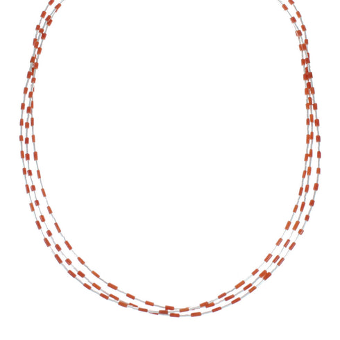 3-Strand Native American Coral Hand Strung Liquid Silver Necklace SX10281