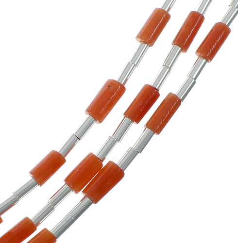 3-Strand Native American Coral Hand Strung Liquid Silver Necklace SX10281