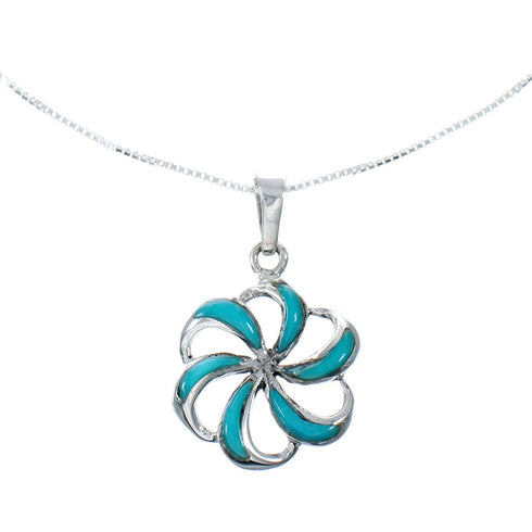 Southwest Turquoise Flower Inlay Sterling Silver Box Chain Necklace Set SX10285