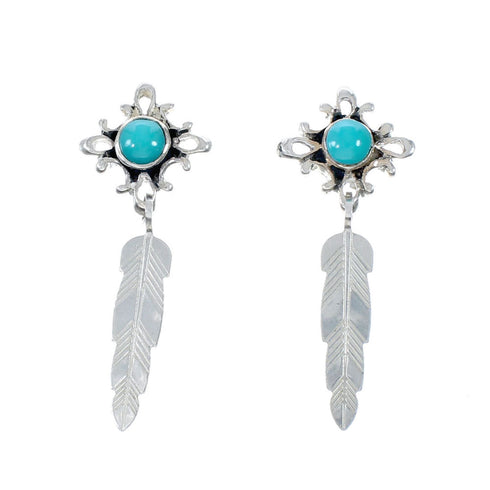 Native American Sterling Silver Turquoise Feather Post Dangle Earrings SX10296
